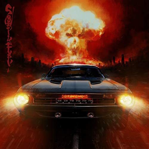 A black car with glowing headlights drives toward a large mushroom cloud explosion.