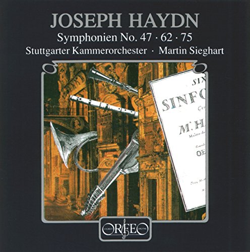 "CD cover with black background, musical instruments, and sheet music, featuring Joseph Haydn's symphonies."