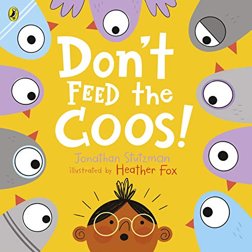 Bright yellow cover with cartoon pigeons and a girl with glasses.