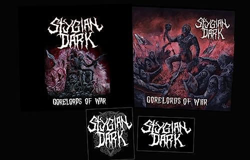 CD case and patches for Stygian Dark’s “Gorelords Of War” album.