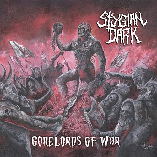 Dark fantasy album cover depicting a warrior holding a severed head amidst demons.