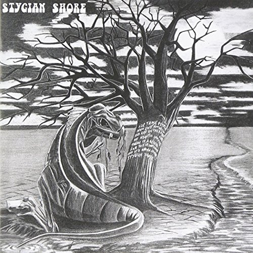 Black and white illustration of a monster by a barren tree and shore.