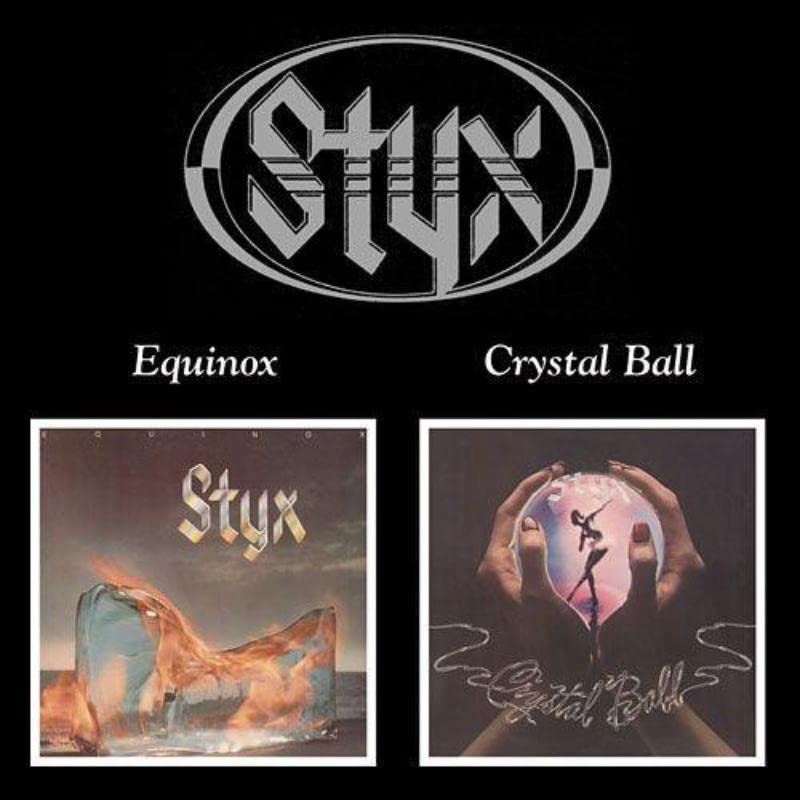 Styx logo above album covers for Equinox and Crystal Ball against a black background.