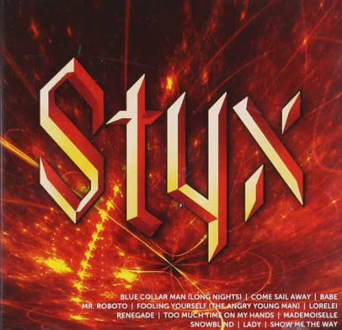Styx “Icon” CD cover with red, 3D lettering and song list below.