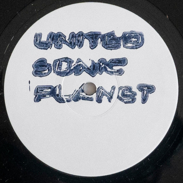 White vinyl record label with handwritten blue text: "United Sonic Planet".