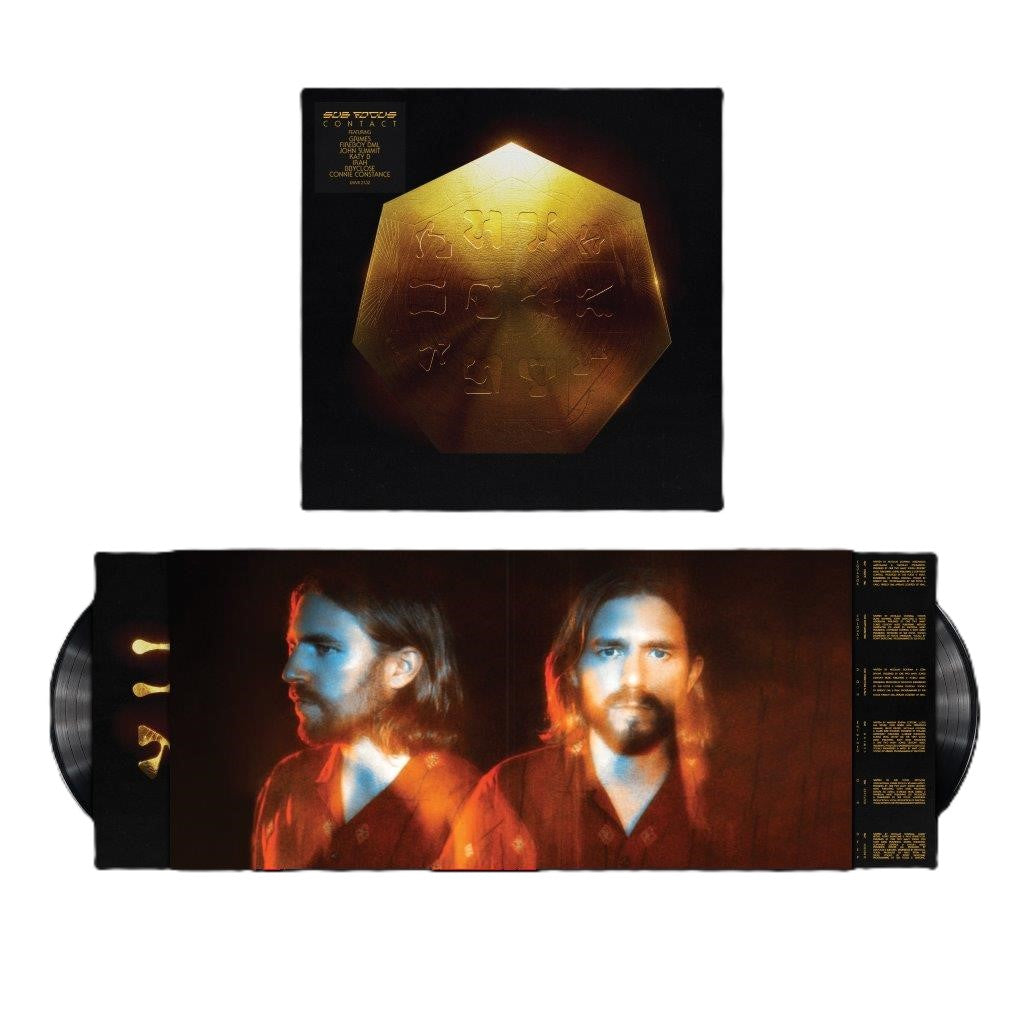 Sub Focus "Contact" vinyl record with gold geometric cover and portraits.