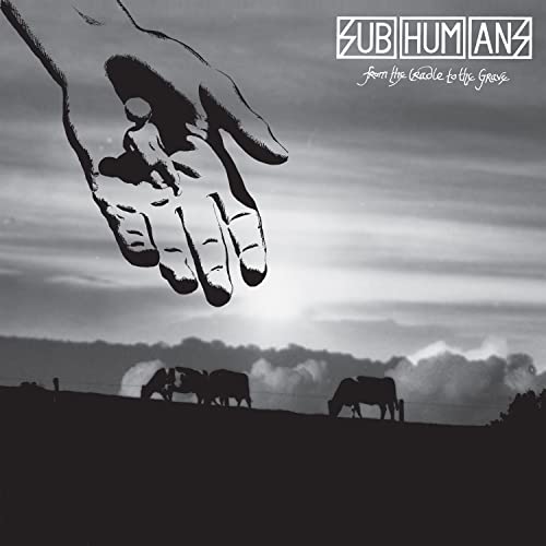 Black and white album cover with a hand and grazing animals.