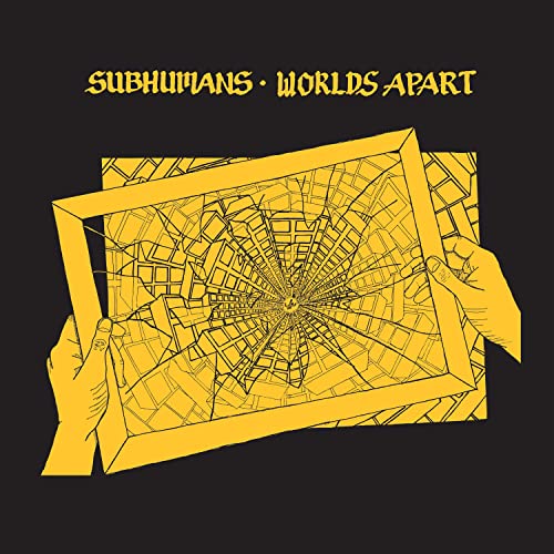 Subhumans album cover: cracked golden frame held by hands, black background.