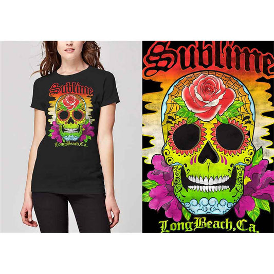 A person wearing a black t-shirt with a colorful sugar skull and rose graphic.