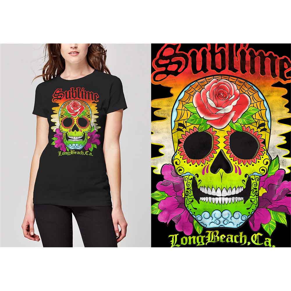 A person wearing a black t-shirt with a colorful sugar skull and rose graphic.
