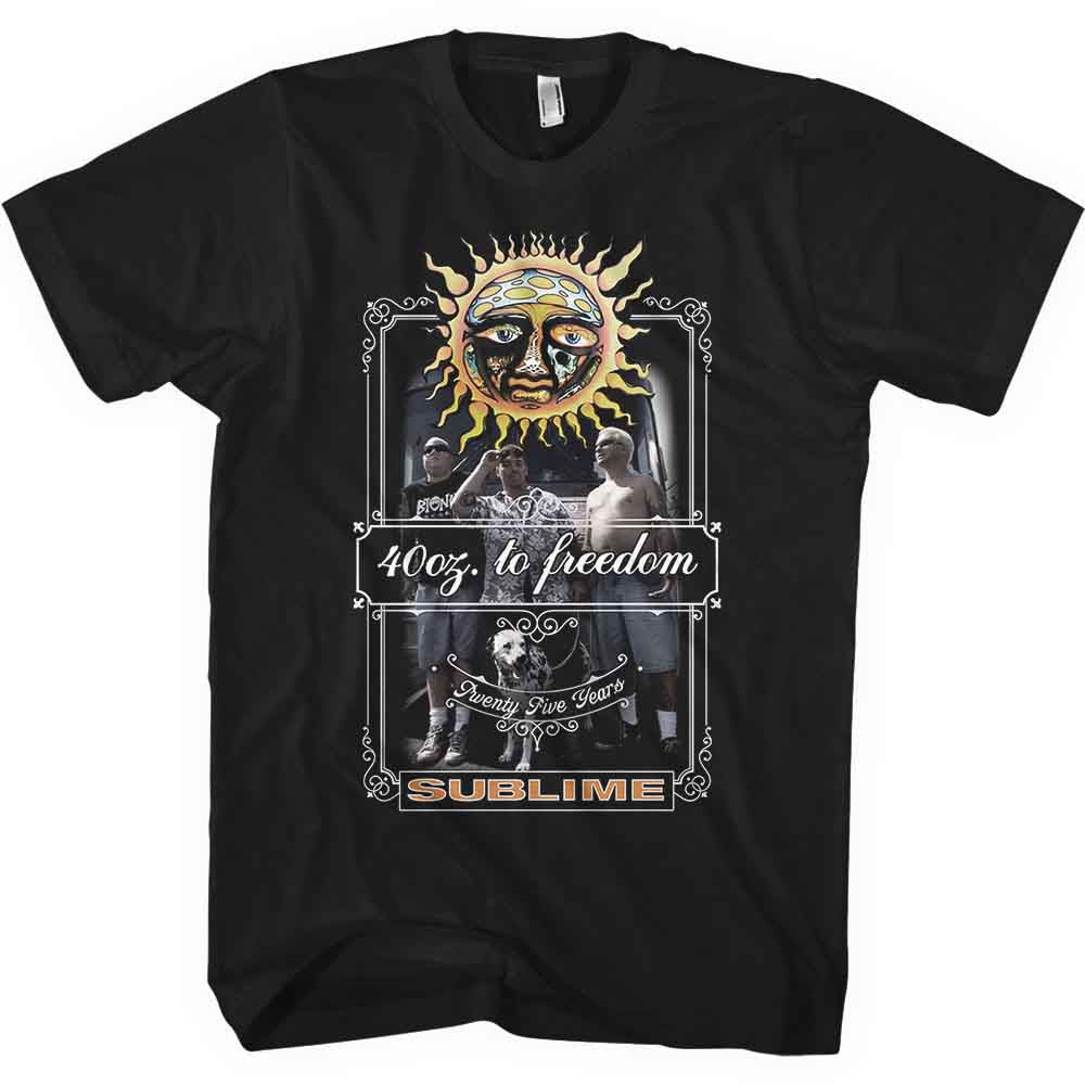 Black t-shirt with sun graphic and band member images.