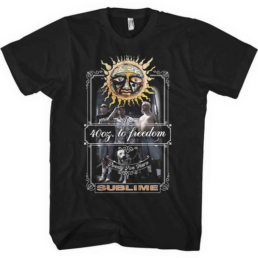 Black t-shirt with sun graphic and band member images.