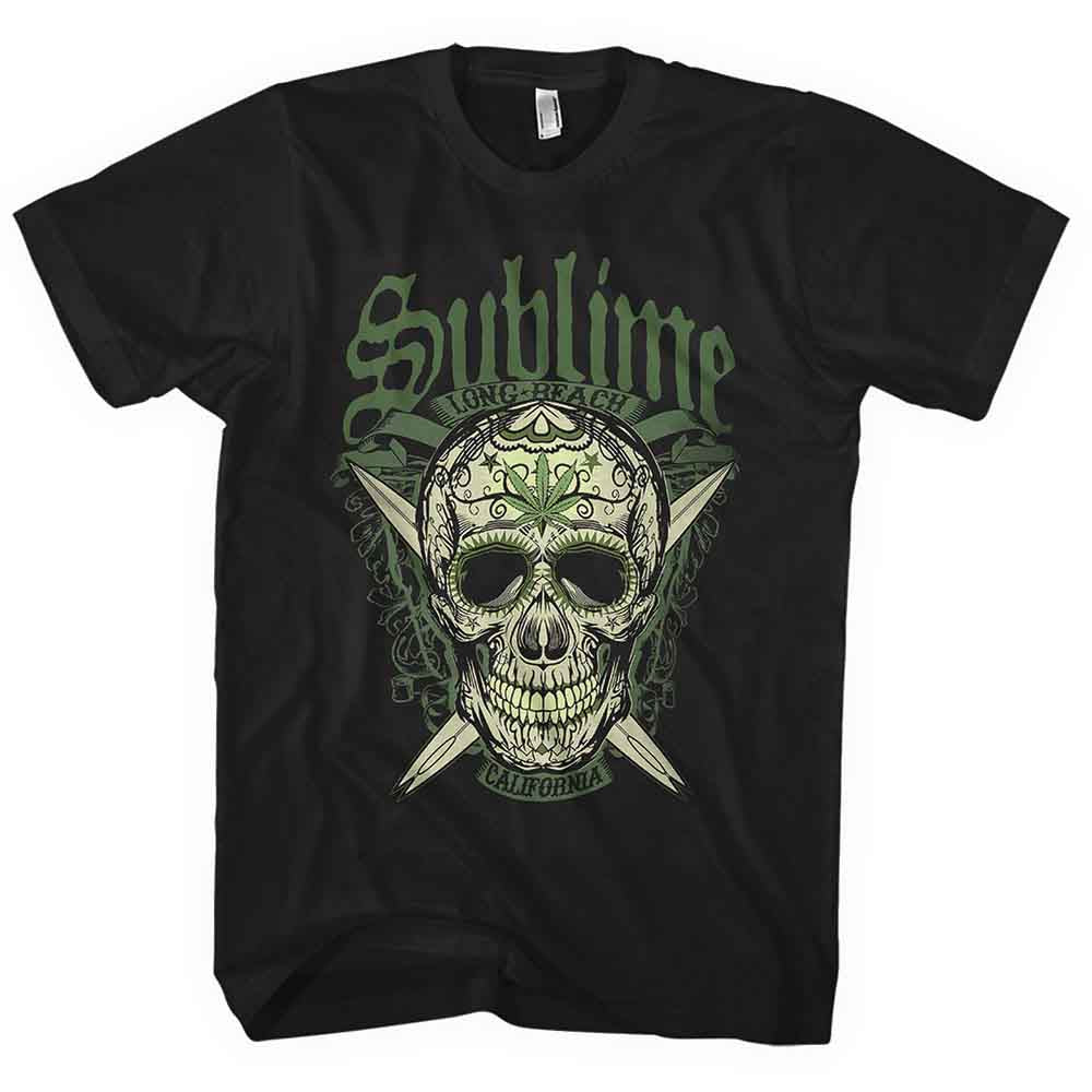 Black Sublime t-shirt with skull, cannabis leaves, and "Long Beach" text.