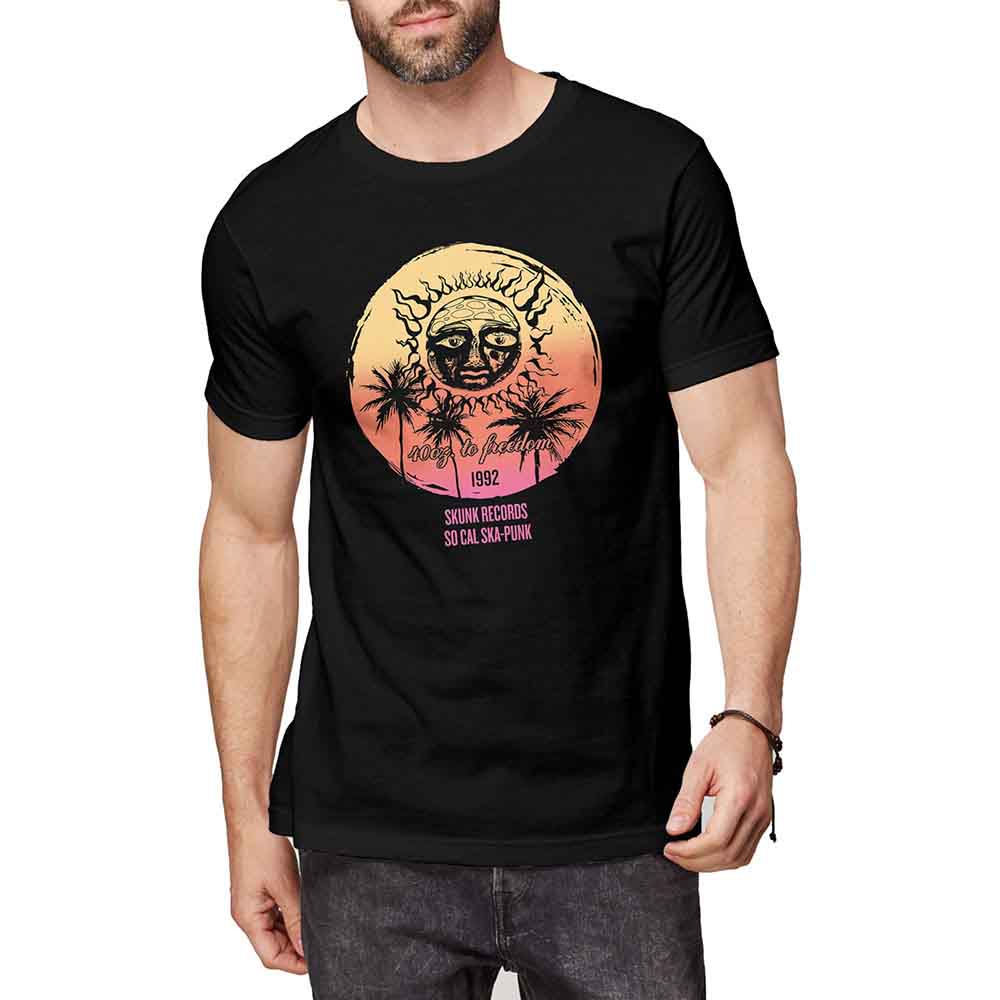 Black t-shirt with a sun and palm tree graphic, modeled by a man.