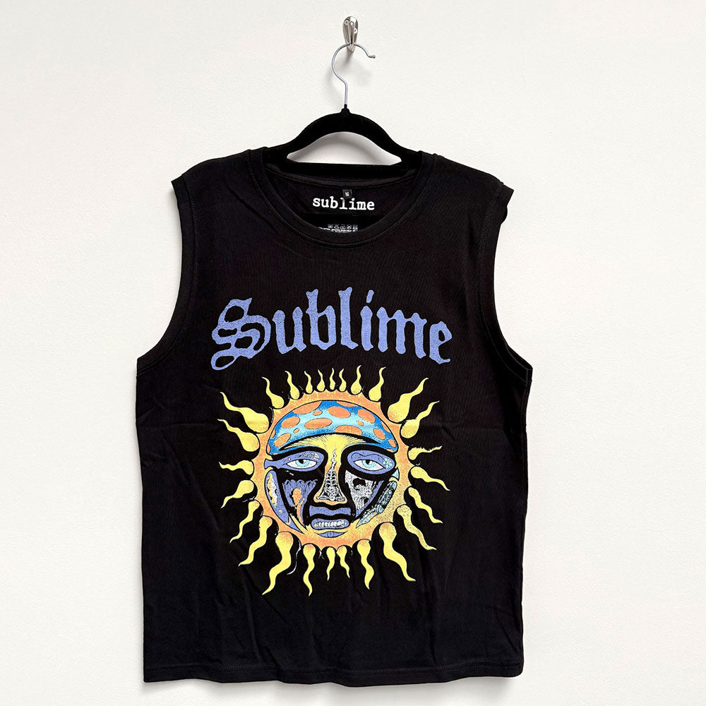 Black unisex tank top with a sun logo design, size large.