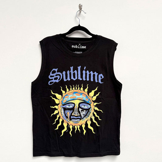 Black unisex tank top with a sun logo design, size large.