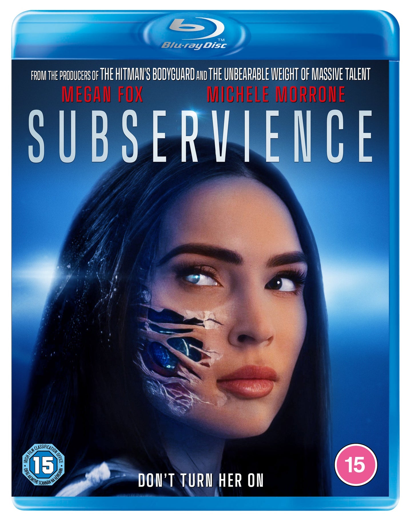 Blu-ray cover for "Subservience" featuring Megan Fox with a robotic neckpiece.