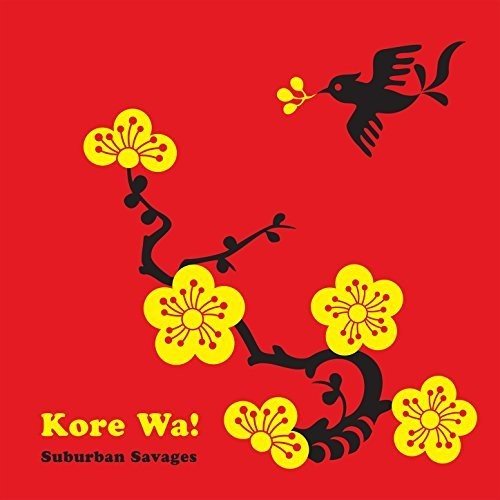Red album cover with black branch, yellow flowers, and a hummingbird.