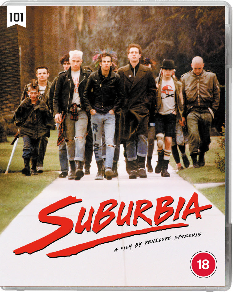 Blu-ray cover for "Suburbia" featuring a group of punks walking forward.