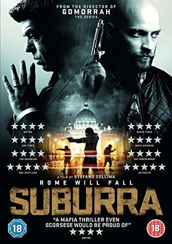 DVD cover for "Suburra" featuring men with guns in a dark, rainy Rome.