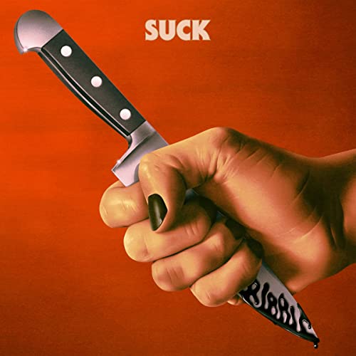 Hand gripping a kitchen knife against a vibrant orange background.