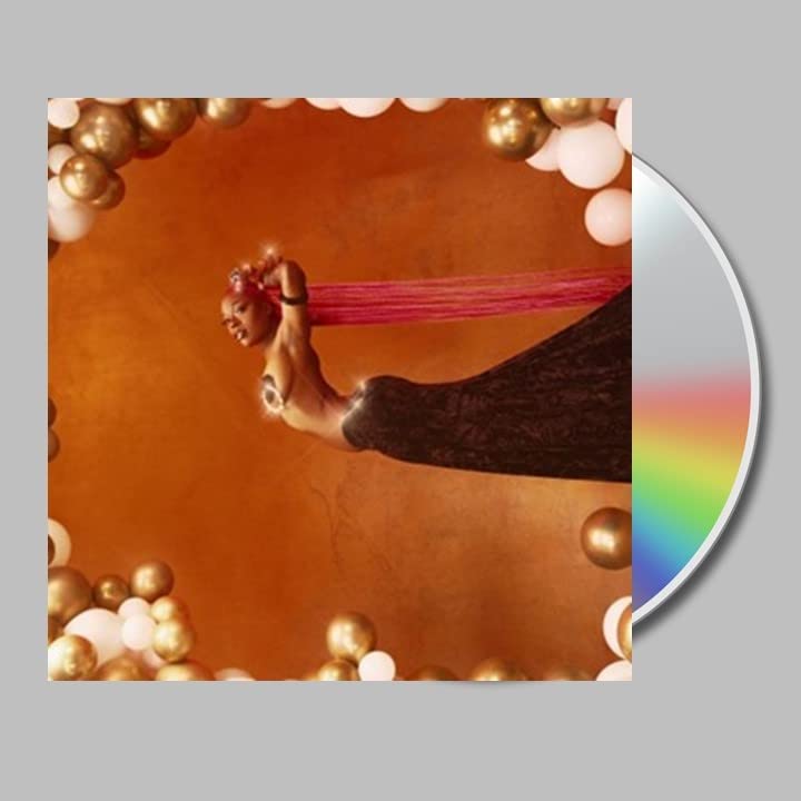 CD cover featuring a person surrounded by golden spheres on orange.