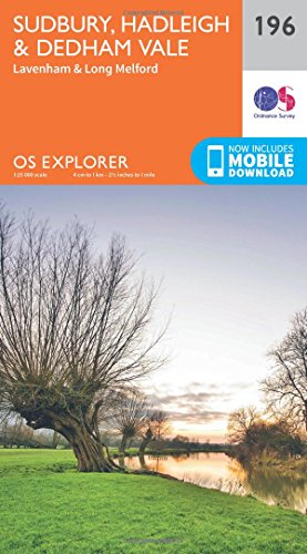 Ordnance Survey Explorer map 196 of Sudbury, Hadleigh, and Dedham Vale with landscape photo.