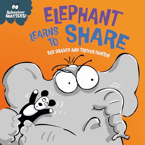 Book cover: grey elephant with a small panda, learning to share.