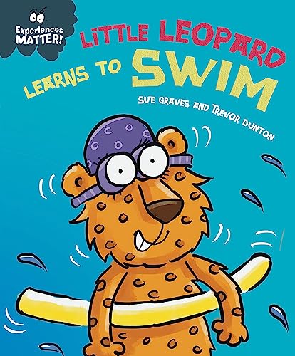 A cartoon leopard wearing a swim cap and goggles holds a yellow pool noodle.