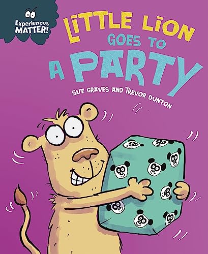 A cartoon lion holds a panda-patterned gift on a purple book cover.
