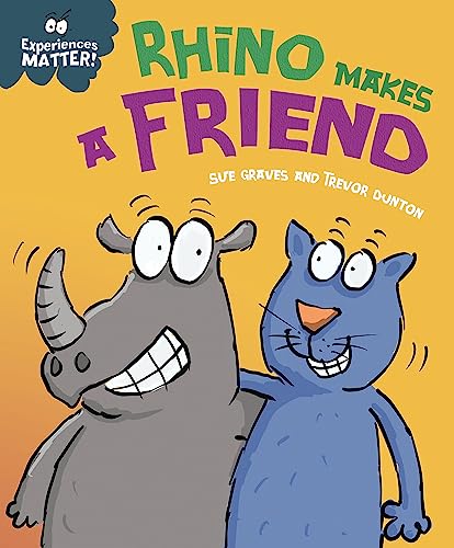 Cartoon rhino and blue cat smiling together on a yellow background.
