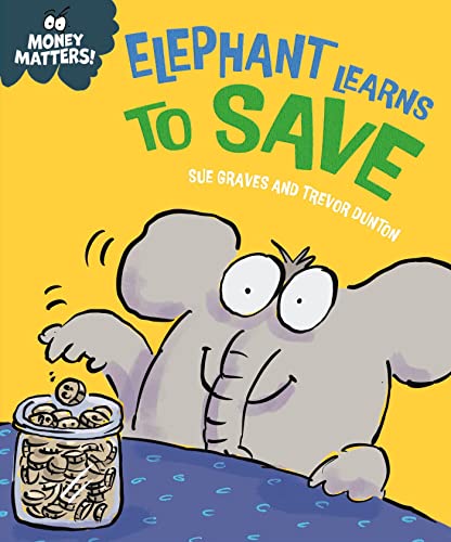 Cartoon elephant dropping coins into a full glass jar on yellow background.