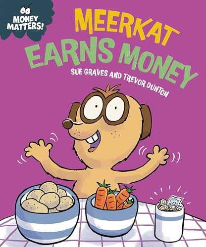 Cartoon meerkat with glasses, potatoes, carrots, and coins on a table.