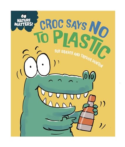 Cartoon crocodile holding a plastic bottle on a yellow background.
