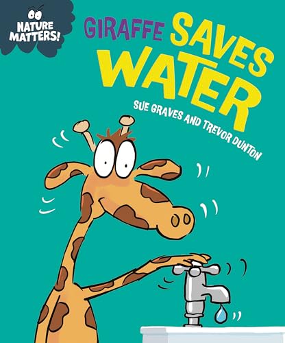Cartoon giraffe reaching for a dripping faucet on a teal background.