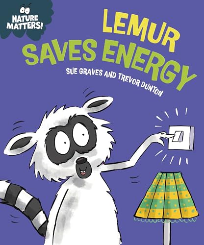 Cartoon lemur turning off a lamp switch on a blue background.