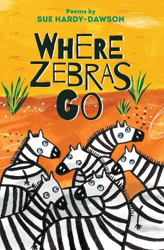 Book cover with illustrated zebras walking across an orange landscape.
