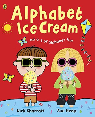 A child in a striped shirt and another in a green sweater eating alphabet ice-cream.