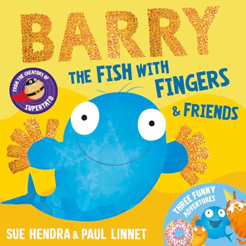 Blue cartoon fish with orange fingers on a yellow background.