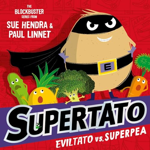 A masked villainous potato wearing a cape stands above surprised vegetables on red background.