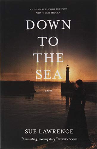 Book cover: woman by the sea, lighthouse in the distance, dark tones.