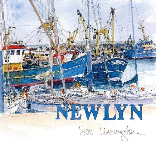 Watercolor painting of fishing boats in a harbor with the text Newlyn below.