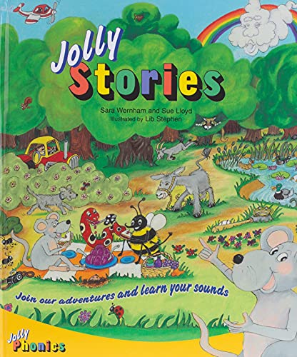 Colorful children’s book cover, “Jolly Stories,” depicting animals in a landscape.