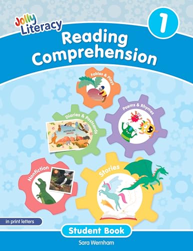 Jolly Literacy Reading Comprehension Student Book 1 cover with colorful gear icons and illustrations.