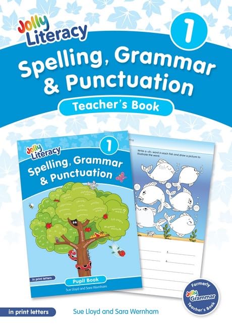 Jolly Literacy teacher’s book 1, showing open pupil book with fish illustration.