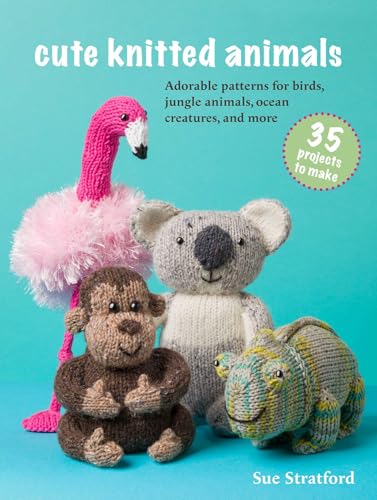 Cover of a knitting pattern book featuring a flamingo, koala, monkey, and lizard.