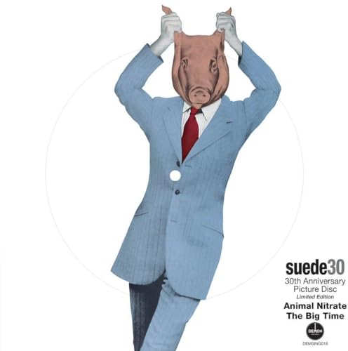 Man in suit with pig head, album cover for Suede’s Animal Nitrate.