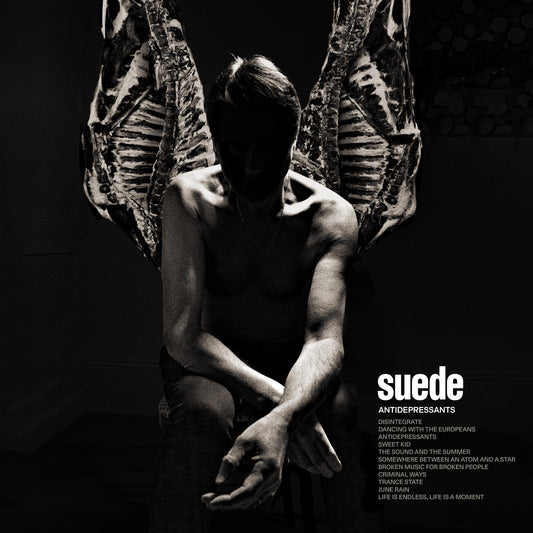 A shirtless man sits in shadow with large, skeletal wings behind him, text at bottom.
