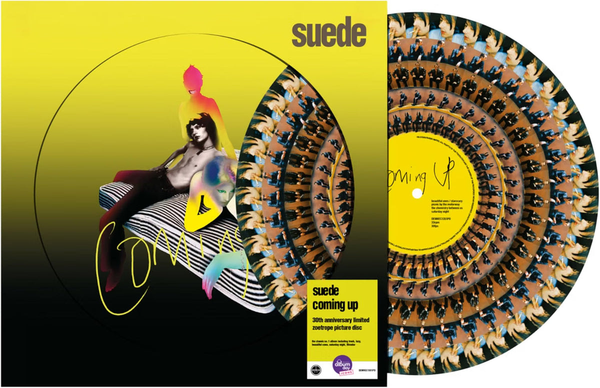 Suede “Coming Up” vinyl record with yellow cover and zoetrope design.