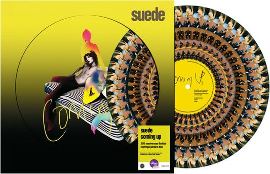 Suede “Coming Up” vinyl record with yellow cover and zoetrope design.
